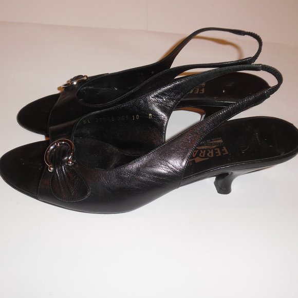 Salvatore Ferragamo Black Leather Kitten Heels Buckle Gancini Sandals Shoes - Picture 8 of 15
